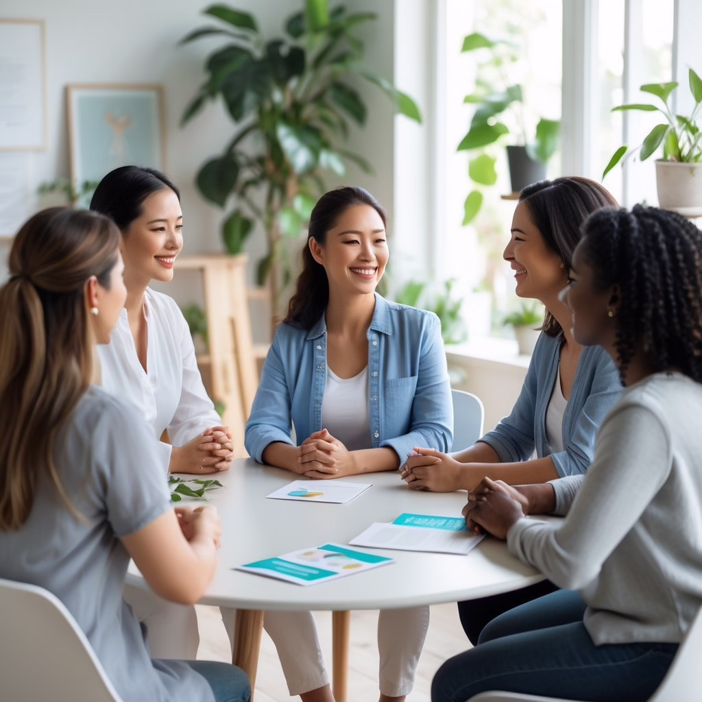 A holistic practitioner meeting with clients in a bright wellness studio, discussing workshop ideas in a friendly and relaxed atmosphere.